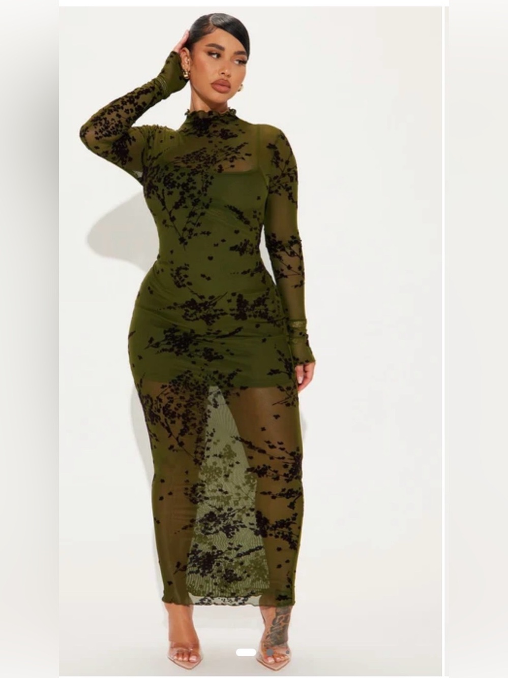 Fashion Nova Olive Green Sheer Mesh Maxi Dress with Black Floral